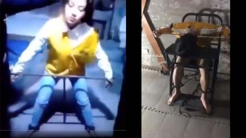 日前网上流出两段视频，曝光了中共警察使用的两种恐怖刑具。（视频截图）
