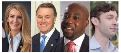 美国乔治亚州联邦参议员的选举如同2020年美国总统大选一样，陷入了有争议的涉嫌选举舞弊的疑云。图为参加乔治亚州参议员竞选的4位候选人凯莉．洛夫勒（Kelly Loeffler，左一）、大卫．珀杜（David Perdue，左二）、拉斐尔．沃诺克（Raphael Warnock，左三）和乔恩．奥索夫（Jon Ossoff，左四）。（图片来源：看中国合成图。Loeffler，Office of Loeffler/Wikipedia/CC0；Perdue，Rebecca Hammel/Wikimedia/CC0；Warnock，WorkingPreacher/Wikipedia/CC BY-SA 3.0；Ossoff，Showtime/Wikipedia/CC BY-SA 3.0）