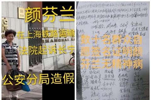 上海访民颜芬兰因强拆安置问题上访被二次关精神病院。（大纪元合成图）