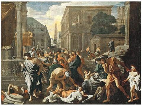尼古拉斯．普桑（Nicolas Poussin）画于1630年的油画《阿什杜德的瘟疫》（The Plague of Ashdod），法国。（公有领域）
