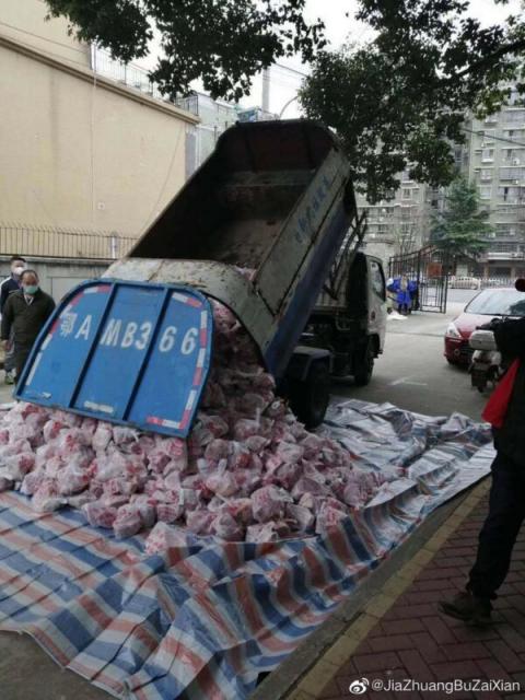 图为垃圾车在倾倒猪肉。（网络图片）