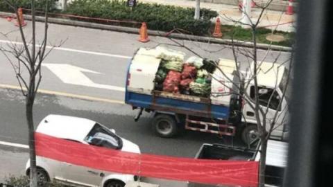 当地网民发现，当局同样用垃圾车运输蔬菜等食品。（网络图片）