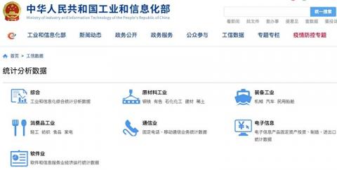 工信部网站“工信数据——统计分析数据”的网页中，并未见到任何与抗疫物资有关的统计。（中共工信部网页截图）