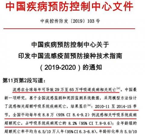 图：中国疾控中心文件，通告中国每年流感导致呼吸道疾病致死一项，超额（比预期多）死亡8.8万人。