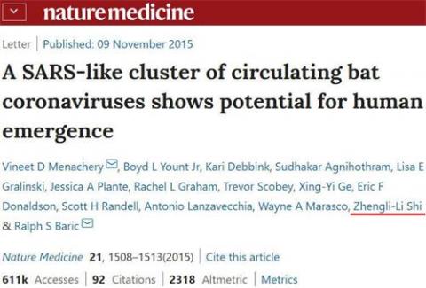 图8：美国Nature Medicine期刊中“（改造的）SARS样冠状病毒可使人染病”的论文，中方作者有石正丽。