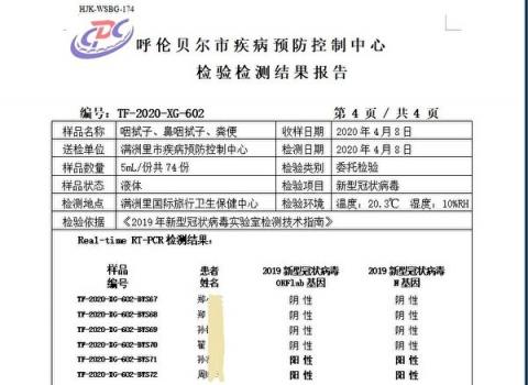 滿洲里海關檢測文件顯示，4月8日，113個入境人員樣本（111人）被驗出10個陽性，核酸檢測陽性率9%。圖為當天部分檢測結果截圖。（大紀元）