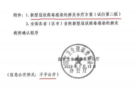 1月18日，中共國家衛健委下發 《關於印發新冠病毒感染的肺炎診療方案和全國各省首例新冠病毒感染的肺炎病例確認程序的通知》（大紀元）