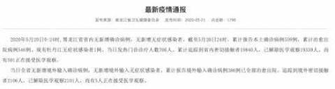 黑龙江卫健委5月21日的通报显示，该省累计确诊病例仅有559例。（黑龙江卫健委网站截图）