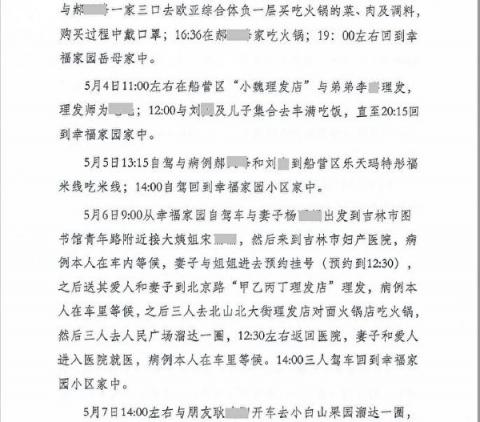 大纪元获得吉林省疾控中心上报的5月13日新增确诊病例报告。图为其中确诊病例李某峰被隔离前的活动轨迹。（大纪元）