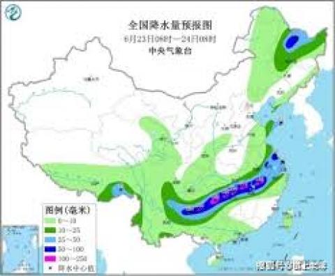 23日至25日，江淮、江南、贵州、广西等地仍有强降雨，局地甚至是大到暴雨。（图片来源：中央气象台官网截图）