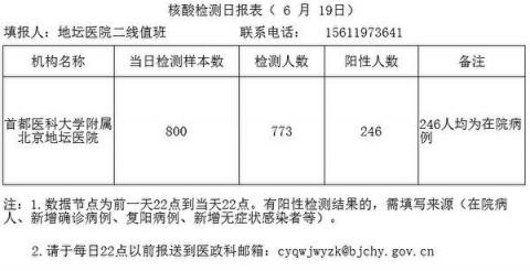 北京市地坛医院6月19日上报的《核酸检测日报表》。（大纪元）