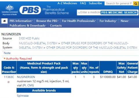 澳大利亚卫生部官网查询显示，注射5毫升的诺西那生钠(nusinersen)，享受药物福利计划（Pharmaceutical Benefits Scheme）的病人只需支付$41（General Patient Charge）。（网页截图）