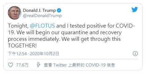 美国总统川普刚刚在推特宣布，他与第一夫人梅拉尼娅，中共病毒检测呈阳性，将立刻开始隔离与治疗程序。（ Win McNamee/Getty Images)