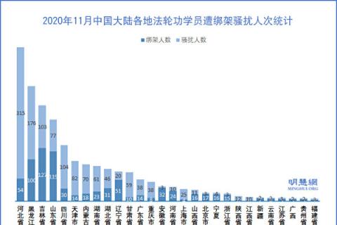 2020年11月，中国大陆各地法轮功学员遭绑架骚扰人次统计示意图。（明慧网）
