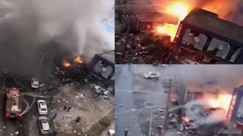 25日辽宁省大连市金普新区燃气管道突发大爆炸。（视频截图）